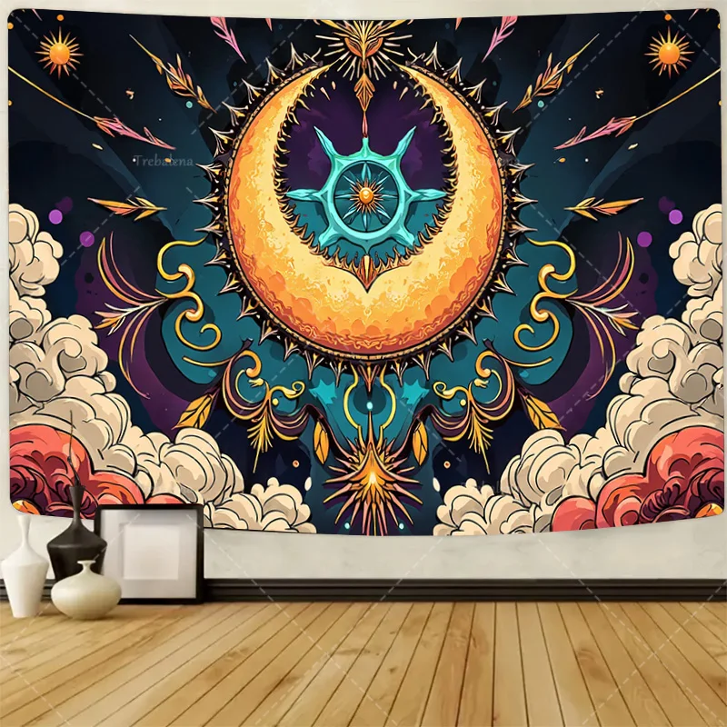 

1pc Wall Tapestry Boho Sun Moon Tapestry with Clouds, Celestial Mandala Wall Hanging for Bedroom Decor