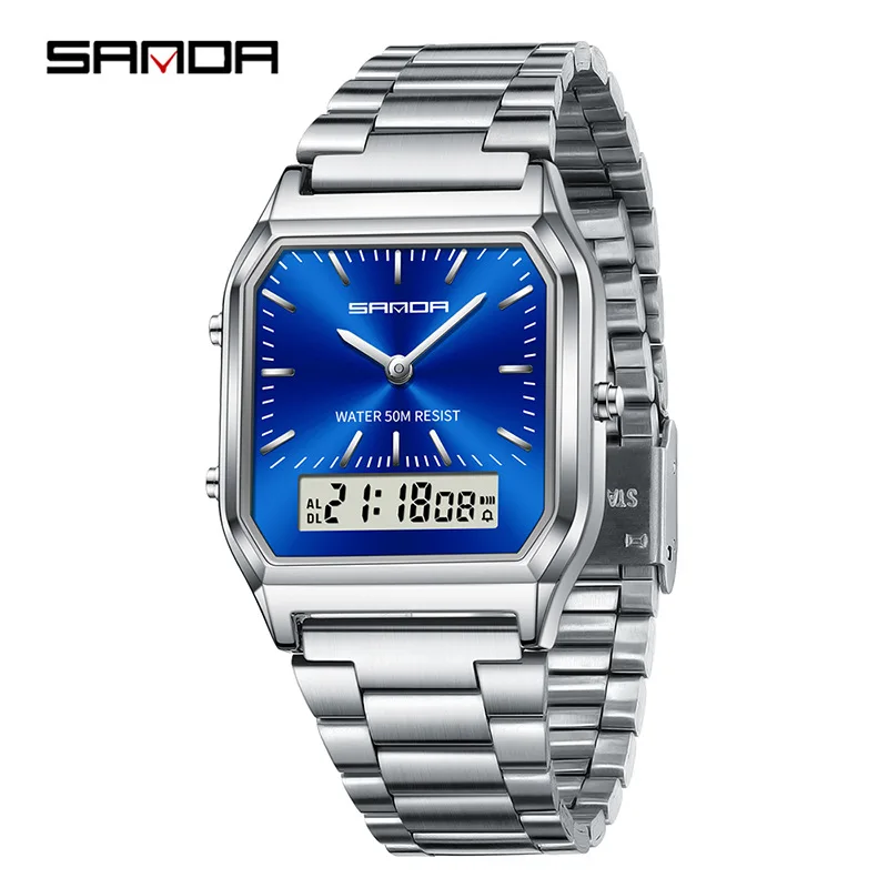 SANDA Men Watches Business Retro Stainless Steel Watchband Digital Display erkek kol saati zegarek damski relogios Wristwatches