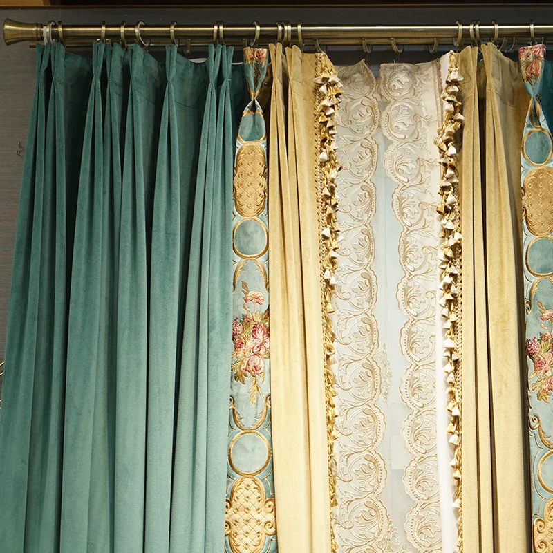 Custom curtain American light green high-grade atmosphere velvet embroidered cloth blackout curtain tulle  drape C1103