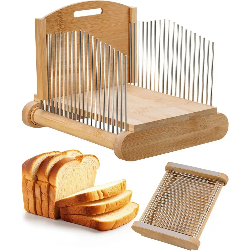 

Bread Slicer with Stainless Steel Guides, Adjustable Thickness, Compact Wood Cutting Board