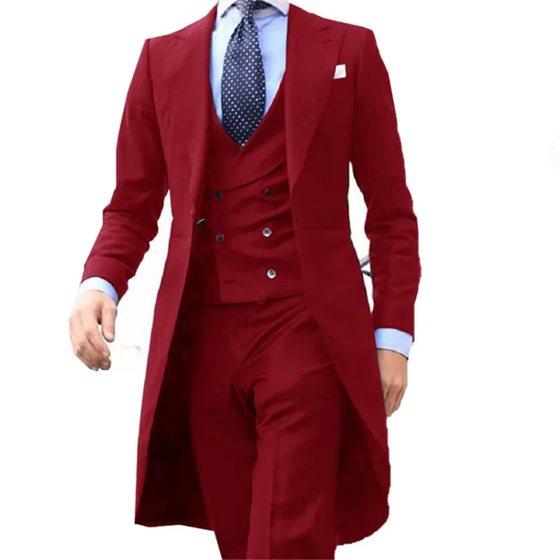 

Solid Wedding Men Long Tailcoat 3 Pieces Formal Groom Tuxedos For Prom Party Male Suits Fashion Clothing Set Jacket Pants Vest