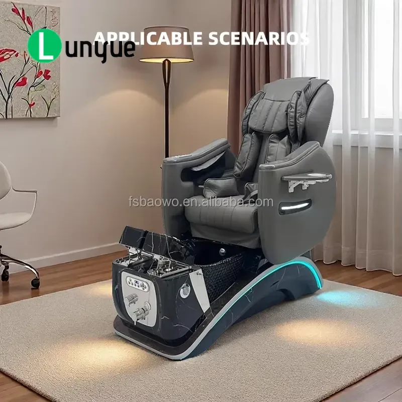 Luxury Adjustable Foot Massage Spa Chair with Human Touch Kneading 7 Color LED Light Gray Green PU Leather for Nail