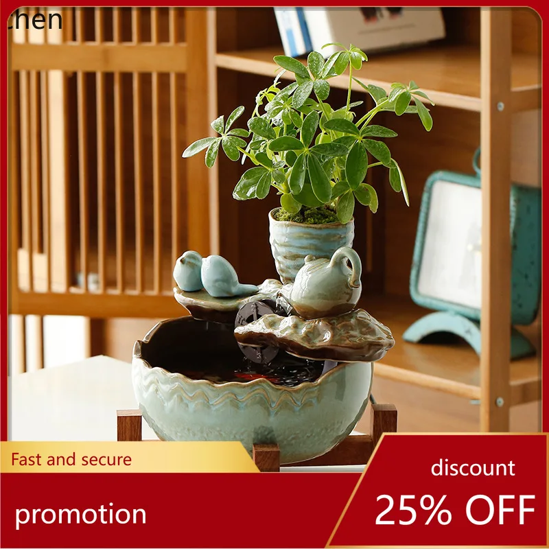 

HT New Chinese Style Wealth-Attracting Water Flow Ornament Ceramic Living Room Tea Table Decoration Circulating Water Landscape