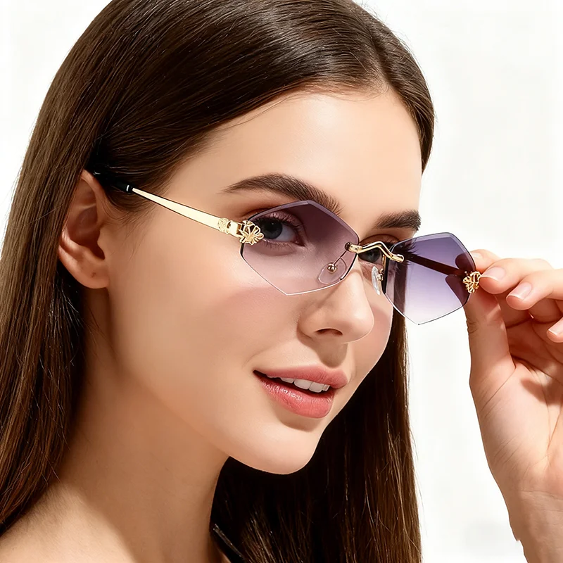 Gafas de sol poligonales sin montura a la moda 2025, gafas de sol Vintage con rombos pequeños de marca de lujo con lentes degradados a la moda para mujer