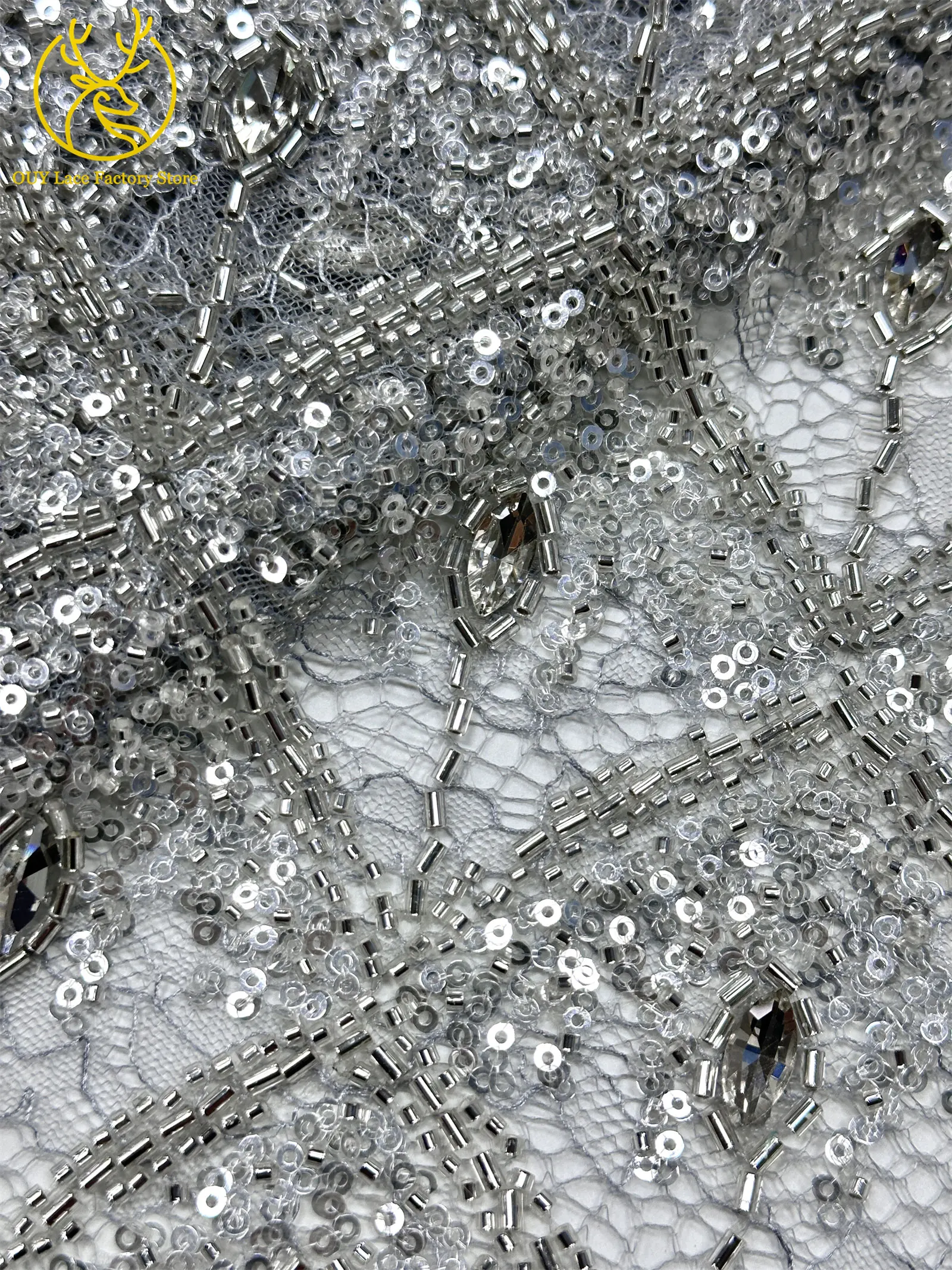 Hochwertiger Österreichischer Diamant-Stein-Spitzenstoff 2026 Afrikanischer Perlen-Pailletten-Spitzenstoff Nigerianische Spitze für Brautkleider und Hochzeitskleider – Detail 20