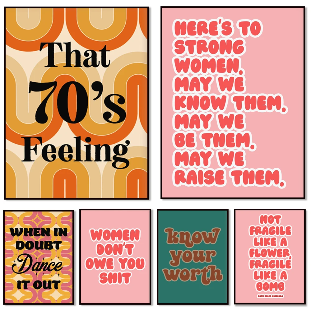 60's 70's aesthetic, bold colorful glow, strong feminist female quote, iconic quote poster, feminist typography