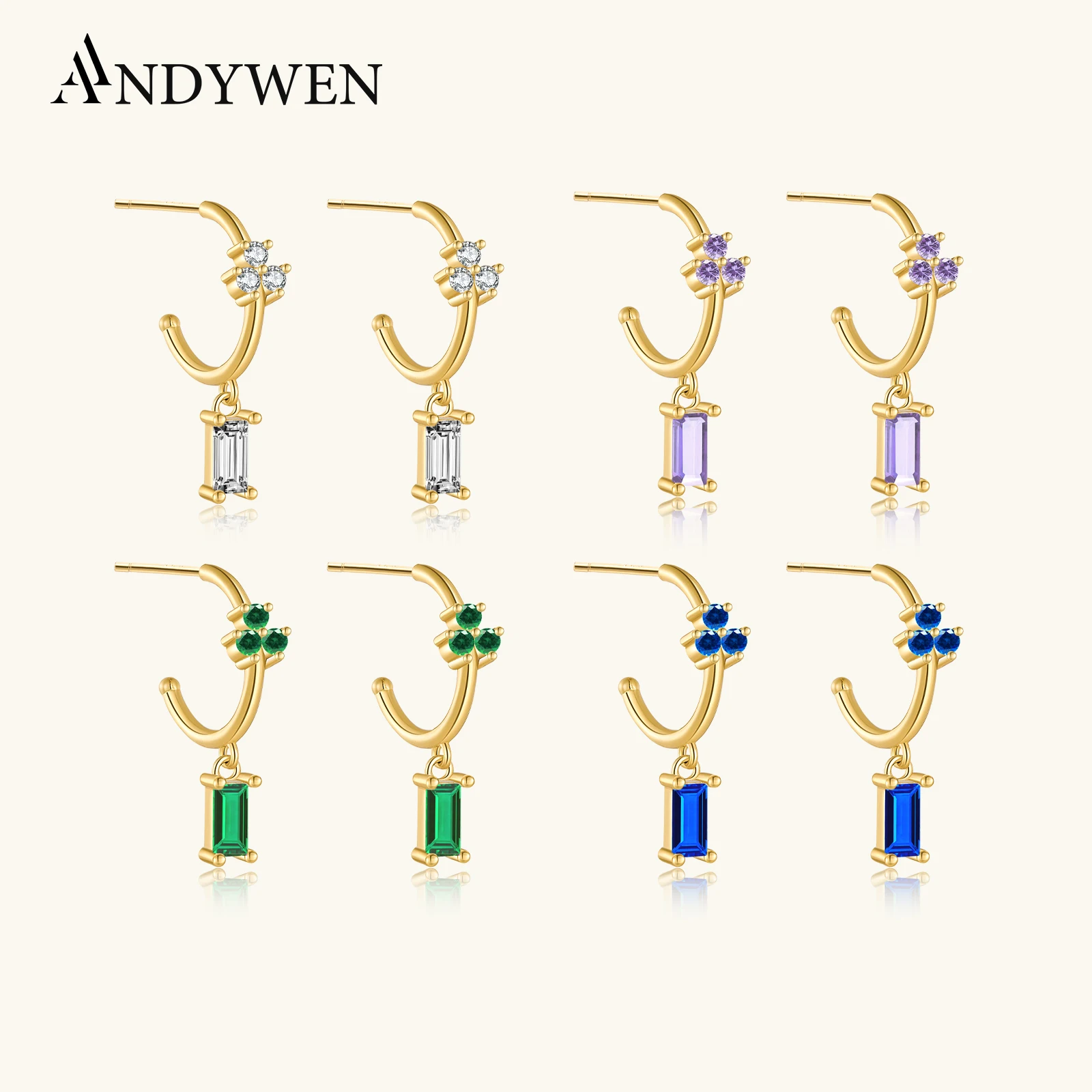 

ANDYWEN, серьги-капли из стерлингового серебра 925 пробы с тремя цирконами, роскошные серьги-капли с кристаллами для пирсинга, 2021, ювелирные изделия цвета радуги