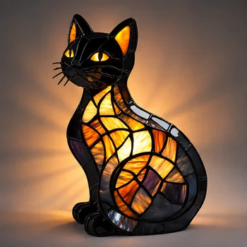 Stained Glass Style Cat LED Night Lamp - USB Powered Decorative Table Light 1