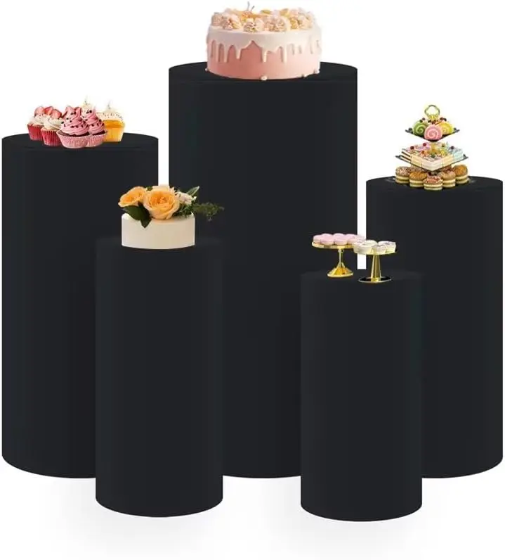 ขาตั้งจอภาพหุ้มแท่นสีดำ5ชุด/ชุดสำหรับงานเลี้ยงวันเกิดผ้าคลุมโต๊ะแบบยืดหยุ่นสำหรับอุปกรณ์ประกอบฉากงานแต่งงานงานรับขวัญทารก