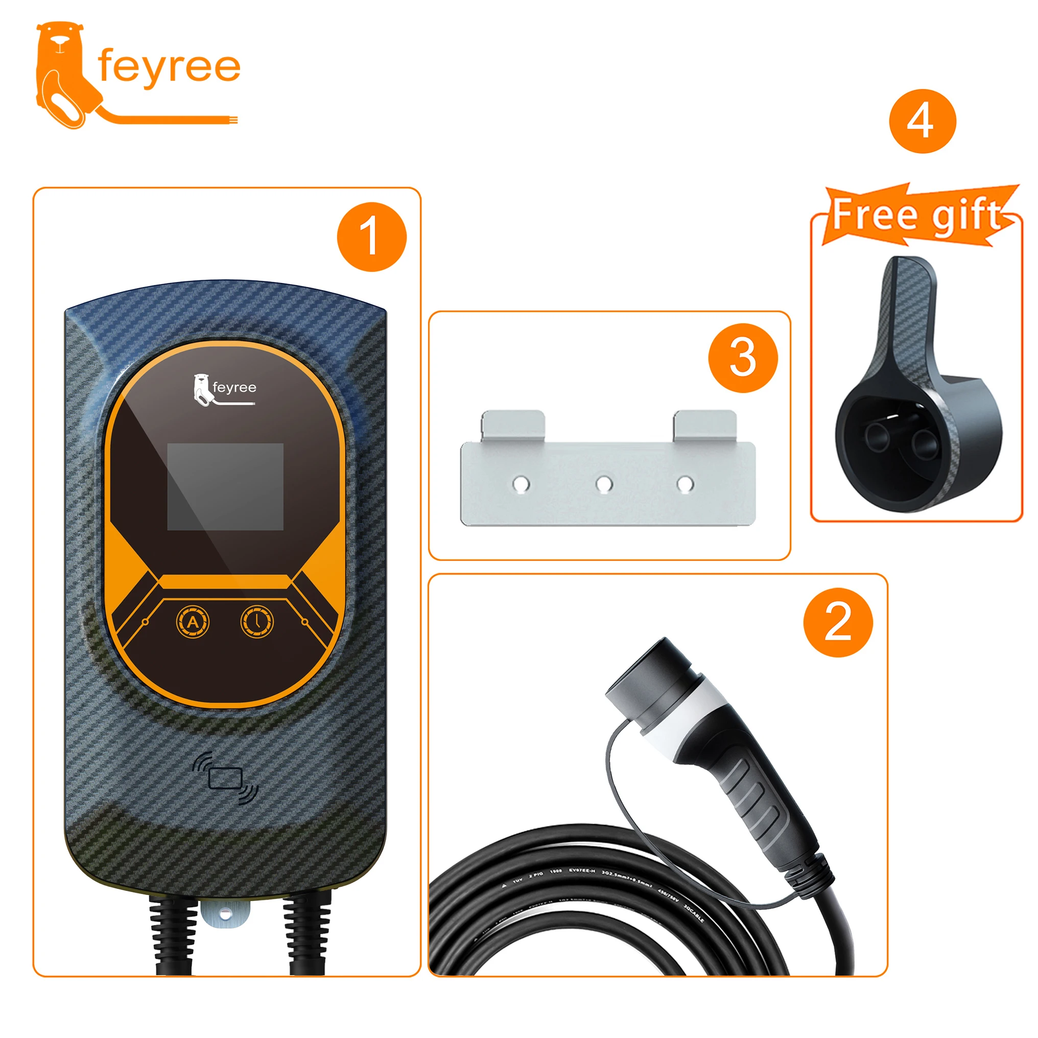 feyree EV Charger Type2 32A EVSE Wallbox with IEC62196-2 Adapter 7.6KW Wallmount Charging Station 5m Cable for Electric Vehicle