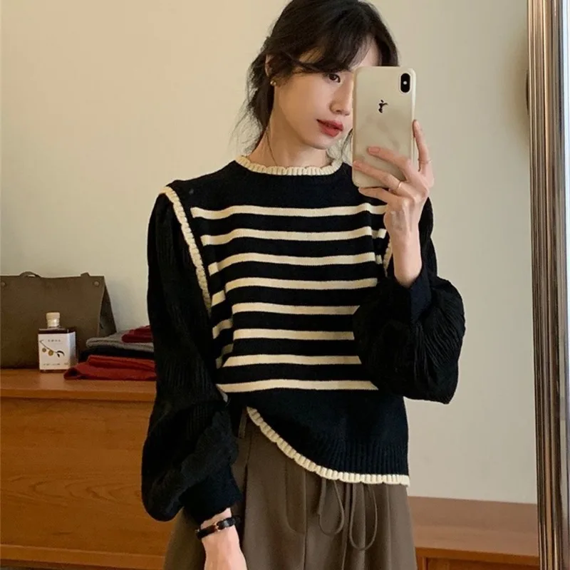 Patchwork Fashion Women Sweaters 2024 Striped Knit Top Autumn Winter Pullovers Knitwears Long Sleeve Clothes Ladies Sweater New