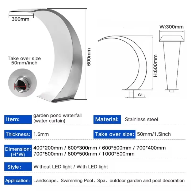 Schwimmbadbrunnen, Auslass aus Edelstahl, Wasserfall, SPA, Bogenhaken, Badewanne, Wasservorhang für den Außenbereich, Schlagausrüstung