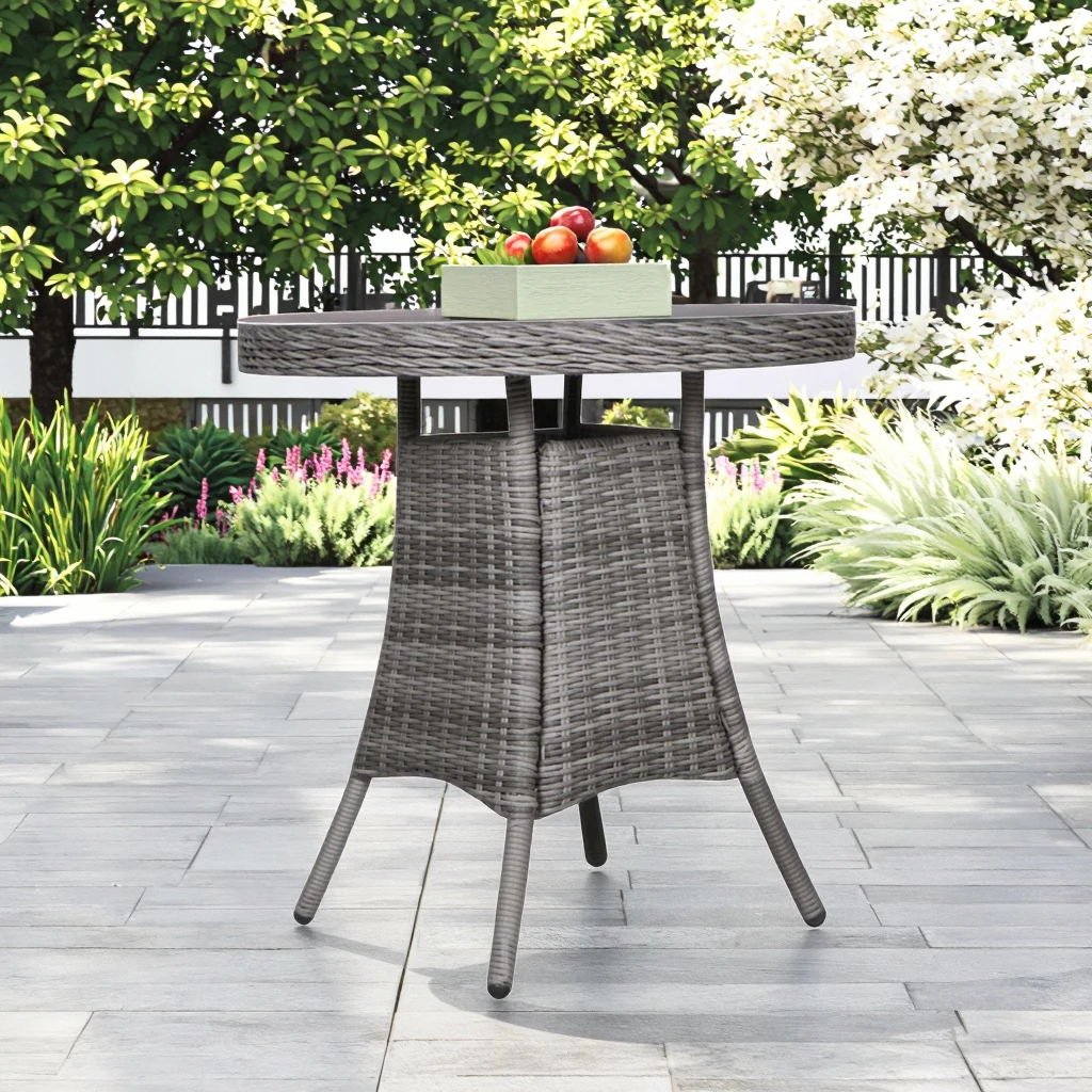 Removable Round Alu Rattan Glass Top Patio Coffee  Bistro Table for Outdoor Garden Balcony Set