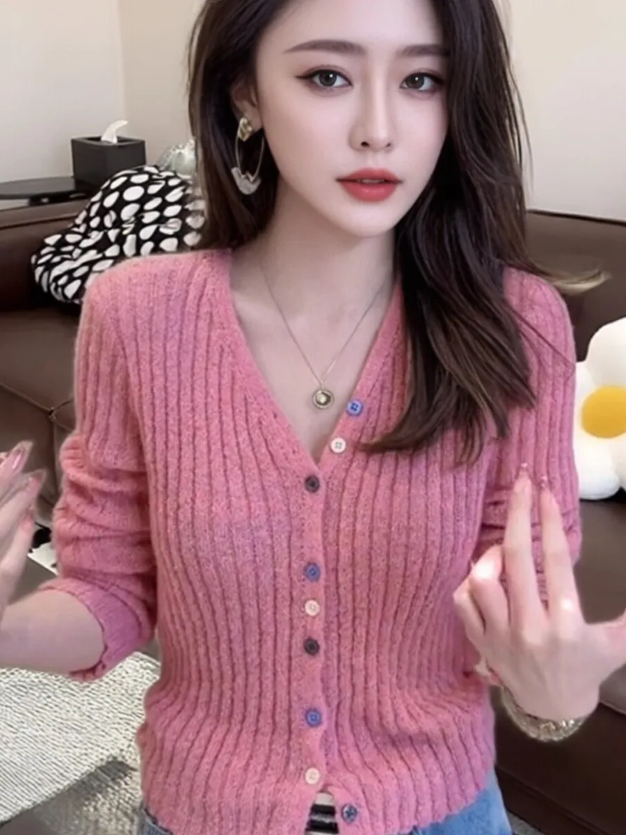 Slim Fit V-Neck Long Sleeve Sweater Coat Women's Spring Fashion Design Button Color Block Knitted Top Base Layer Shirt