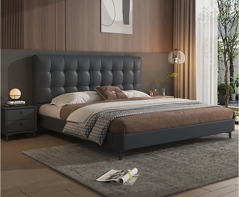 

#Modern Minimalist Genuine Leather Bed Master Bedroom 1.8m Double Bed Waffle Soft Leather Bed