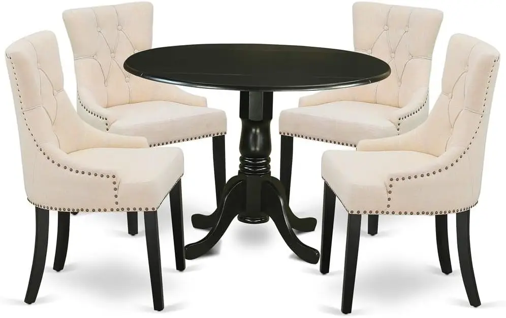 

4 Parson Dining Room Chairs with Light Beige Linen Fabric Seat and Button tufted Back - Drop Leaves Pedestal Kitchen Table
