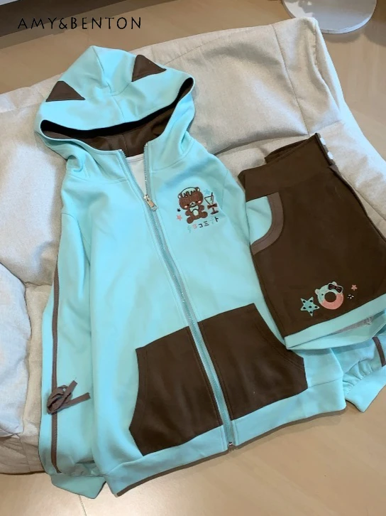 

Милый мультяшный вышитый кроличьи уши с капюшоном в стиле пэчворк, куртка с длинными рукавами и шорты, комплект в японском студенческом стиле, повседневные спортивные комплекты