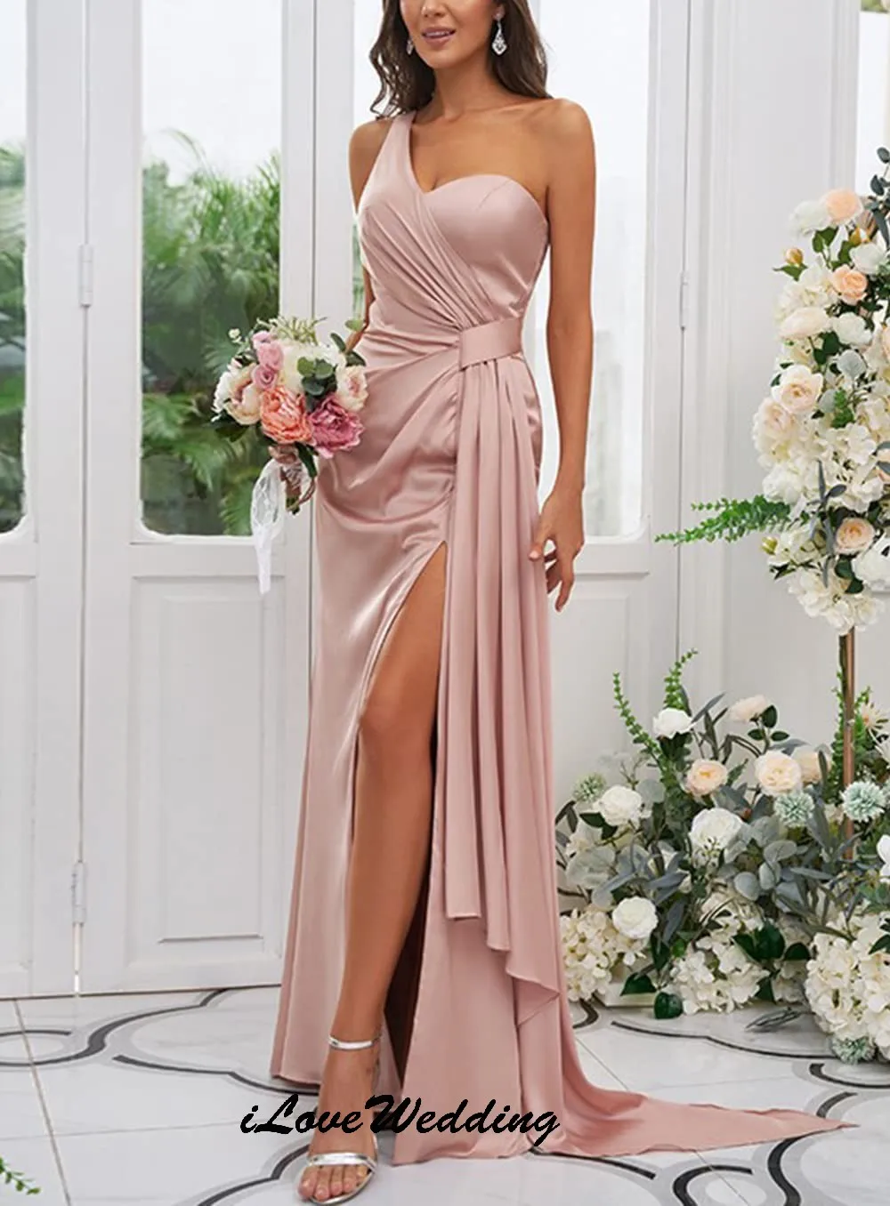 Dusty Rose One Shoulder Bridesmaid Dresses 2026 Elegant Wedding Party Dress For Woman Ribbons Trailing Ruched Satin Customized