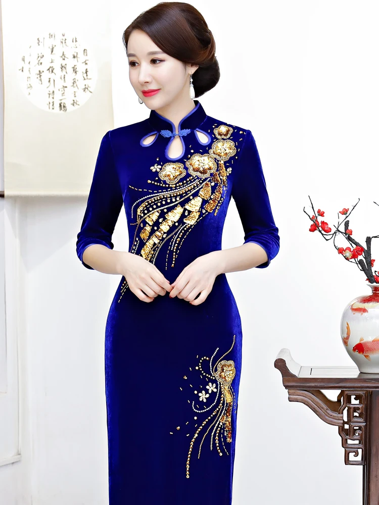 

New Vintage Blue Diamond Embroidery Velvet Long Qipao Dr for Middle-Aged Women Ele owstopper High-Quali Chinese Fa...