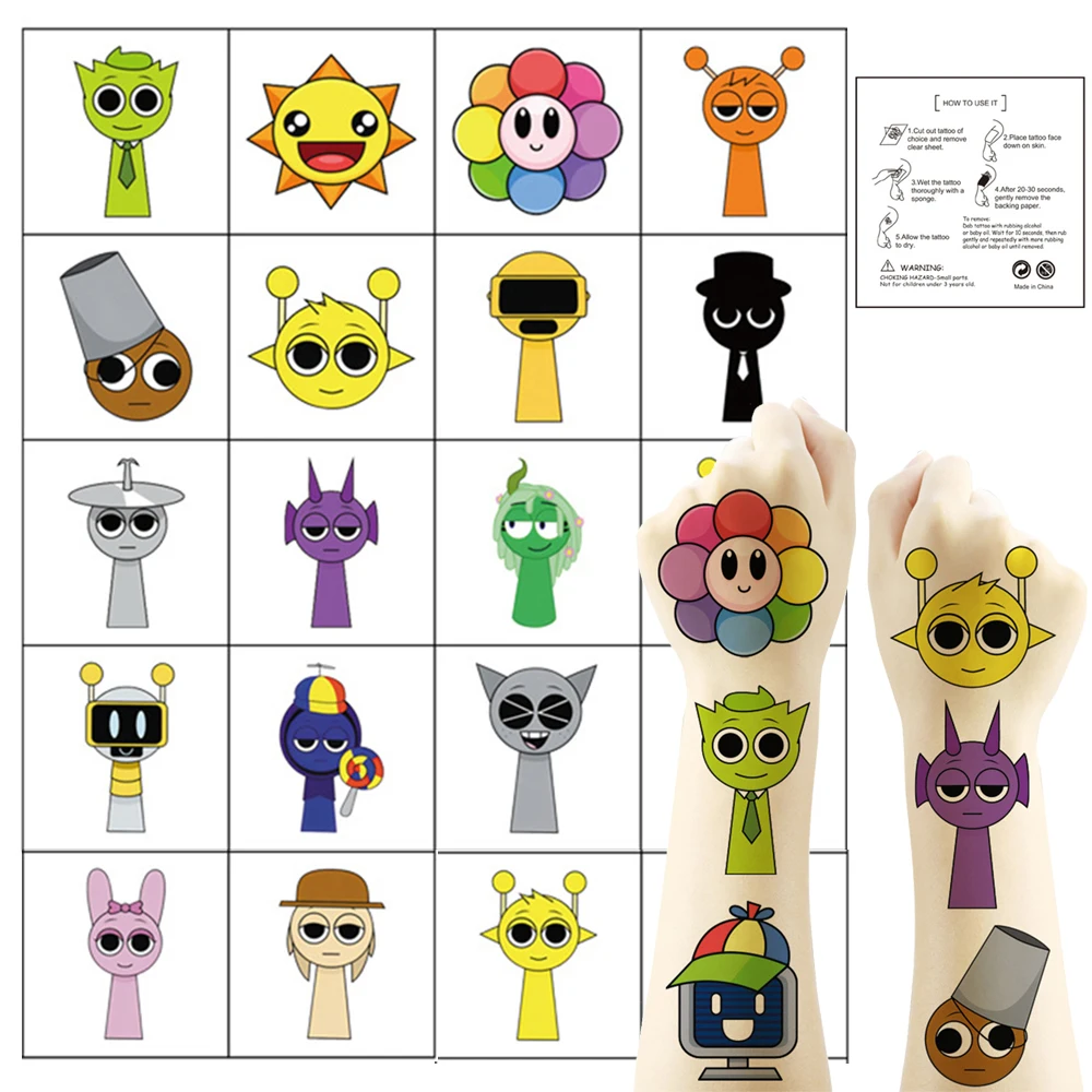 

20pcs Incredibox Sprunki Temporary Tattoo Sticker Music Game Body Art Fake Tattoo Stickers Cute Kids Party DIY Gifts