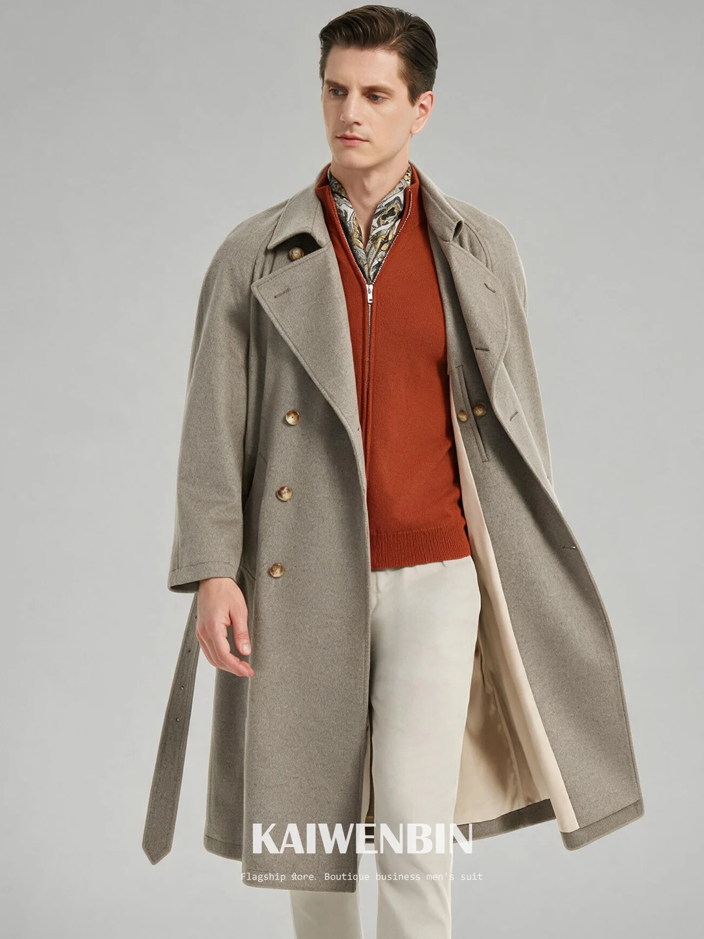 Men Overcoat Wool Cashmere Blend Double Breasted Chesterfield Coat Apricot Grey Luxury Custom Business Casual Warm Premium