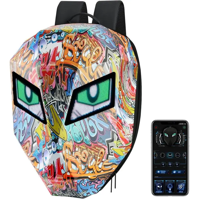 Motorcycle Backpacks for Men, LED With Full Color Screen, Large Capacity Laptop, Hard Shell Waterproof Helmet Bag (Graffiti)