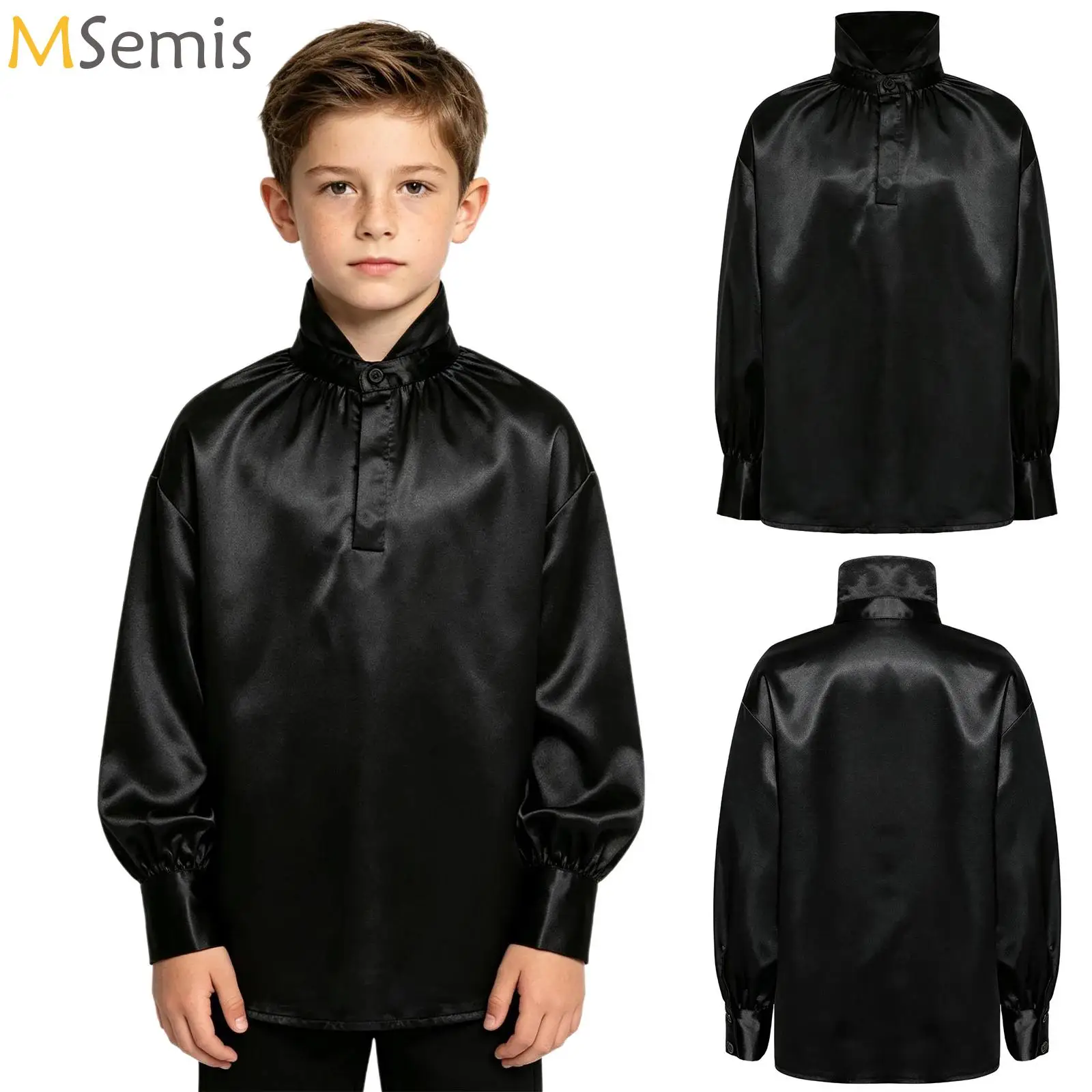Boys Modern Lyrical Liturgical Satin Shirt Long Sleeve Soft Satiny Pullover Loose Blouses Tops for Praise Worship Dance Ballet