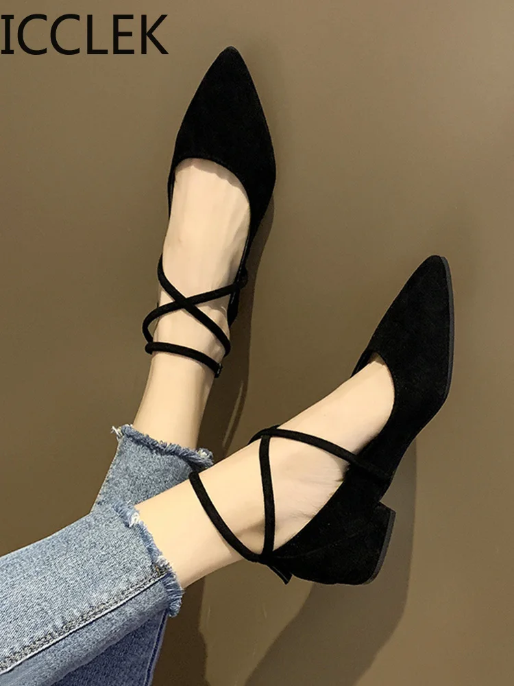 Fashion Pointed Shallow Mouth Single Shoes  Low Heel Womens Shoes Square Heel High Heels Black Work Shoes A054