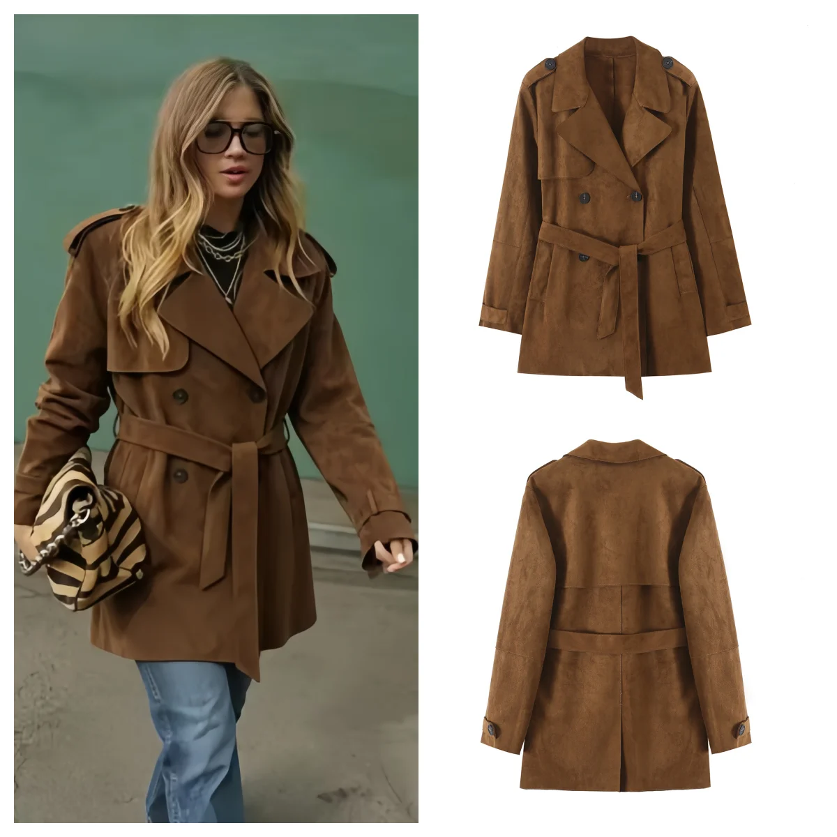 Gabardina elegante de ante para mujer de Guobioziy, gabardina marrón con cinturón, chaqueta de calle de manga larga con botonadura sencilla para otoño
