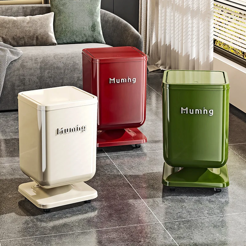 1pc Press-Open Wheeled Trash Can with Lid, Large Capacity Premium Garbage Bin for Home Living Room Bedroom Bathroom