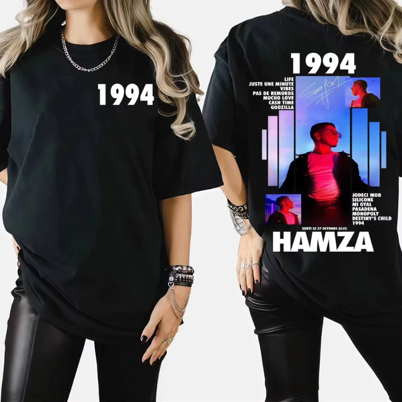 مغني الراب 1994 همزا ألبوم جولة 2025 الرجال الجرافيك تي شيرت المتضخم القوطية تي شيرت طاقم الرقبة خمر للجنسين عادية القطن تي شيرت.