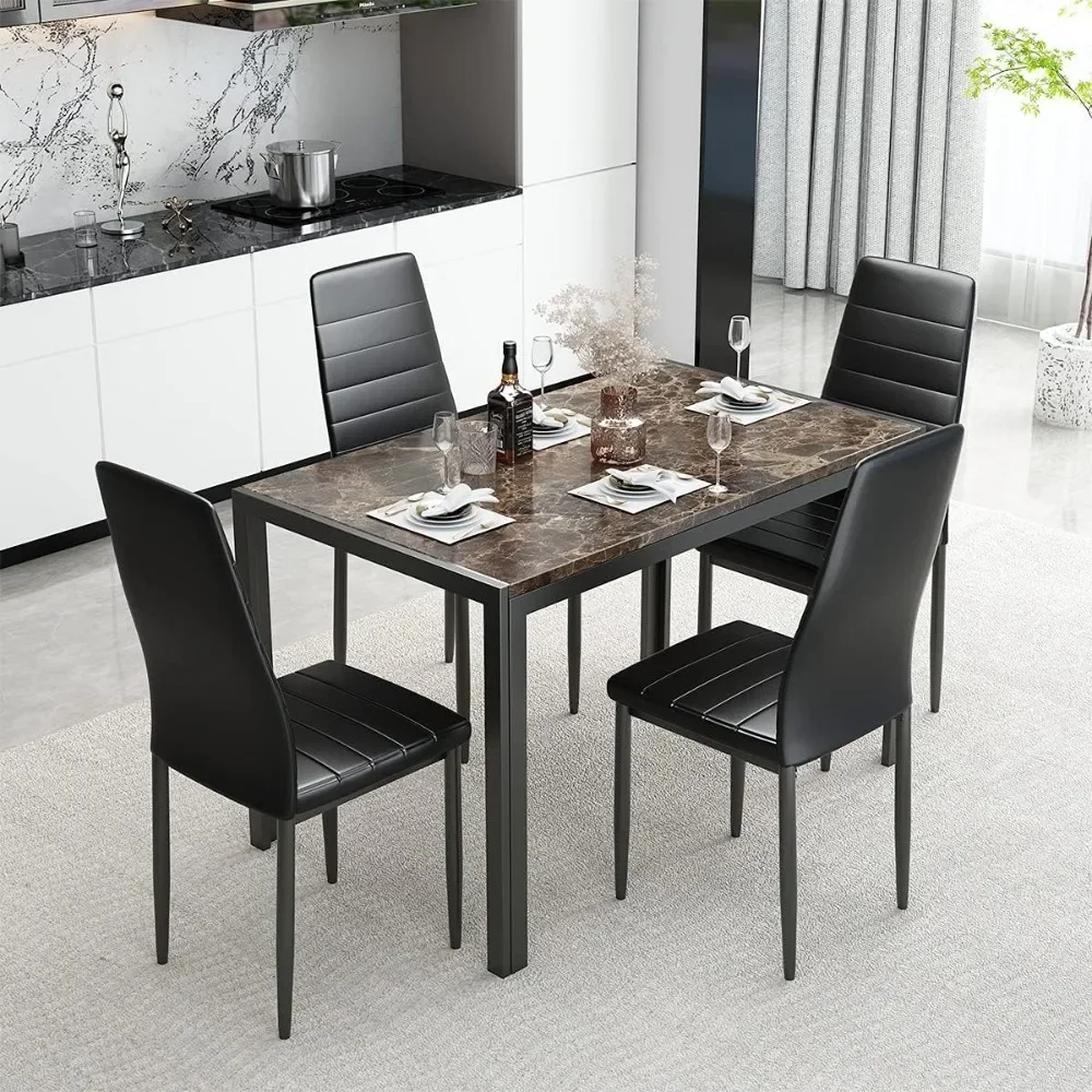 

Dining Table Set 5 Piece, Marble Top and High Chairs for Breakfast Nook Small Spaces(Brown), Modern Kitchen Table, Brown