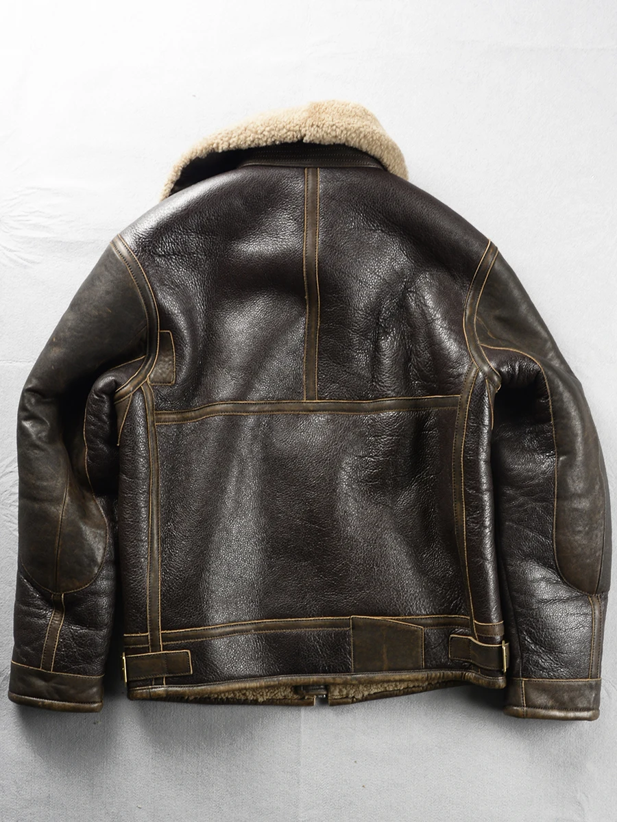 Dark Brown Winter Shearling Jacket Men Retro Military Style Plus Size 6XL Natural Thick Sheepskin Spliced Genuine Leather Coat