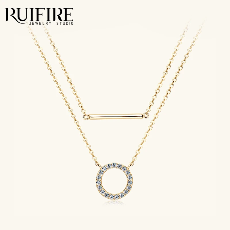 

RUIFIRE 14K Gold Plated 925 Sterling Silver Moissanite Loop Pendant Necklace Double Layer Round Stick Design Clavicle Chain Gift