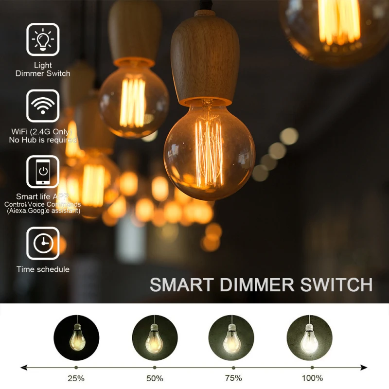 Aubess wifi inteligente dimmer switch 10a 100-240v eua 120 modelo stepless dimmer interruptor trabalhar com tuya vida inteligente app alexa google casa