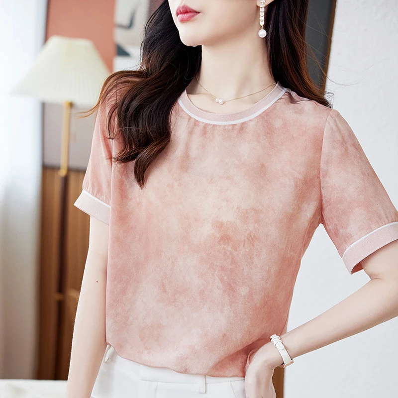 100% Real Silk Women T-shirt Summer Tshirt O-neck Short Sleeve T Shirt Loose Tops Casual T-shirts Tees for Women Tee Blouse
