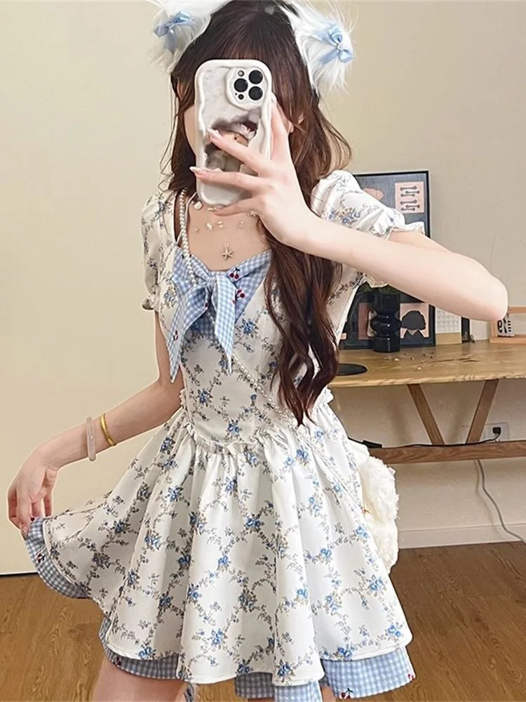 Jmprs lindo vestido Floral con lazo mujeres Kawaii dulce Mini vestido de manga corta Casual Vintage ajustado estilo Preppy señora Japón vestido de Lolita