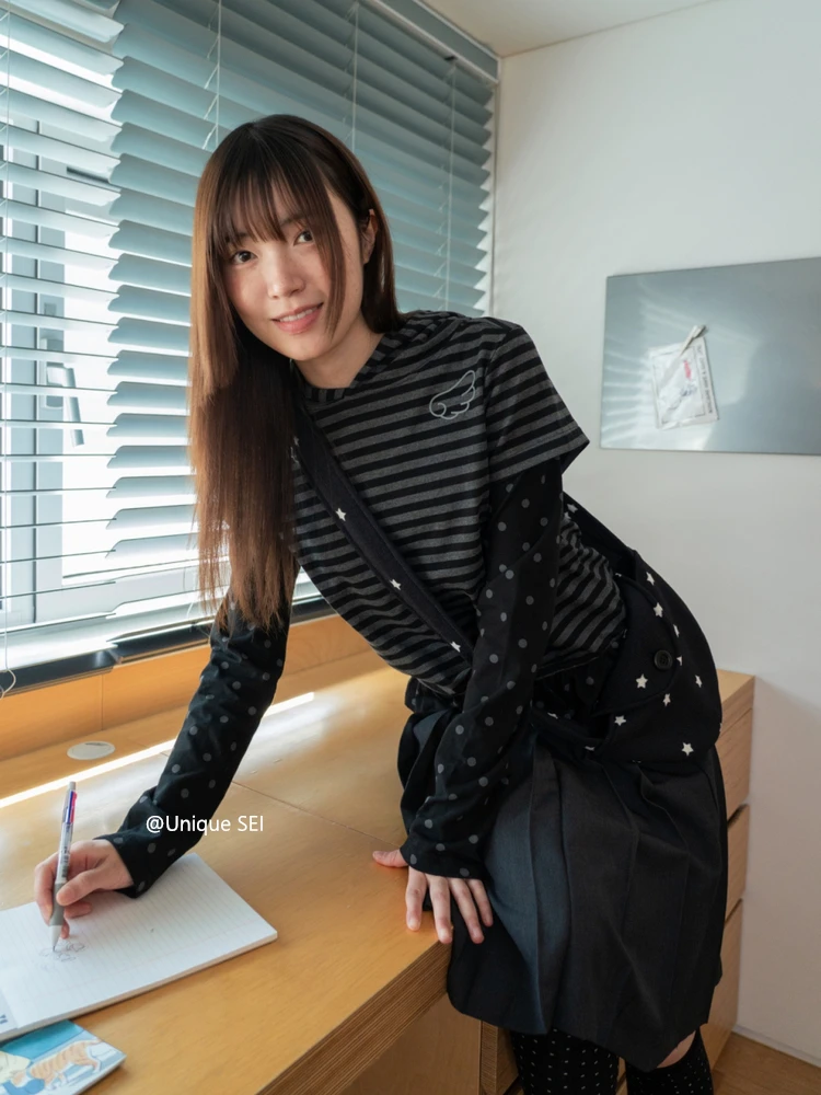 Korean Age-reducing Contrasting Color Stripe Polka Dots Fake Two-piece Long-sleeved T-shirt Autumn New Hooded Sweatshirt Y2k Top