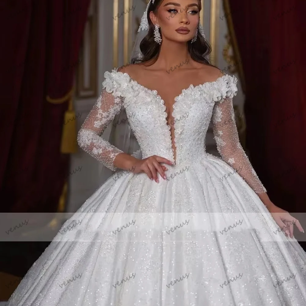 ชุดแต่งงานสุดหรูทรงเอไลน์ ประดับลูกไม้ แขนยาว สำหรับงานเลี้ยงอย่างเป็นทางการ ชุดเจ้าสาวแบบสั่งตัด