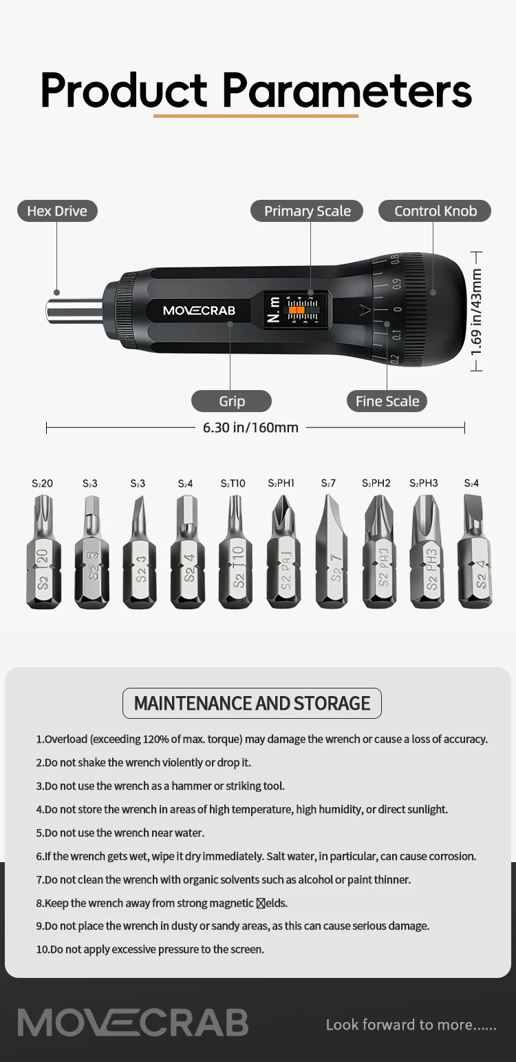 MoveCrab Pro Präzisions-Drehmomentschraubendreher-Set mit magnetischem 1/4-Zoll-Antrieb (10–70 Zoll lb) mit Bits für die Werkzeugreparatur und Fahrradwartung – Detail 9