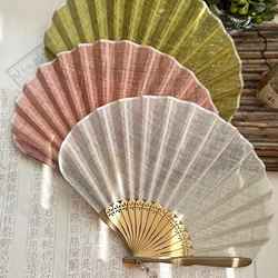 Japanese Style Retro Shell Shaped Fan Silk Cloth Bamboo Folding Fans Wedding Hand Fans Cotton Linen Solid Color Carve Fanbone