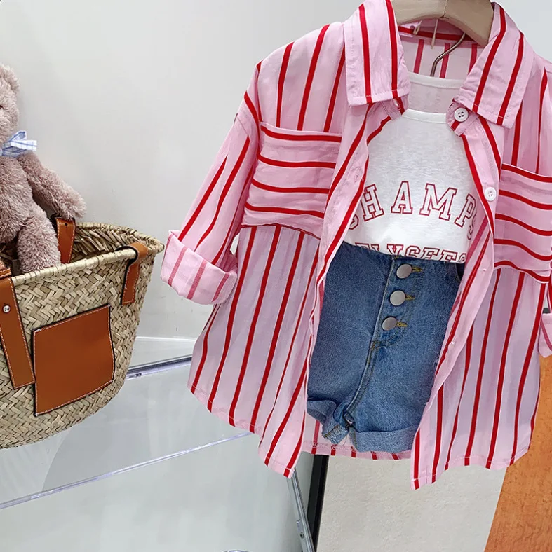 2024 Summer New Fashion Children Girls Striped Long-sleeved Shirt Blouse + Letters Vest + Jeans Denim Shorts 3pcs Clothing Sets