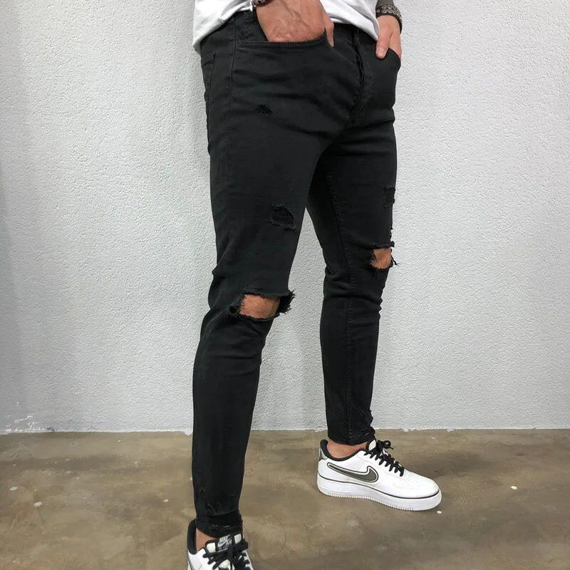 Pantalones vaqueros ajustados con agujero en la rodilla para hombre, Pantalón de algodón elástico de Color sólido, estilo Hip Hop, a la moda, S-4XL,