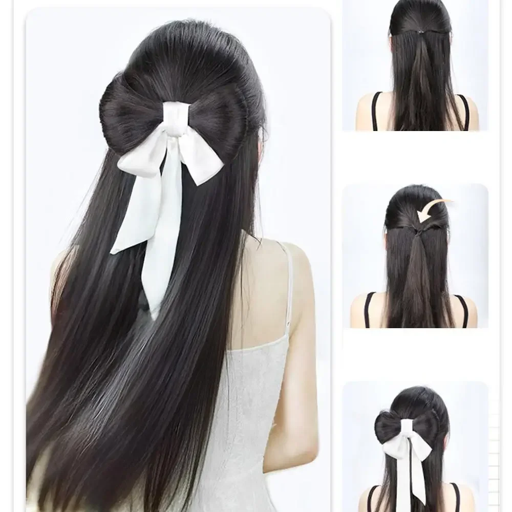 Estilo coreano fita arco grampo de cabelo peruca em forma de bola peruca sintética com extensões de clipe de mola para mulheres estilo versátil