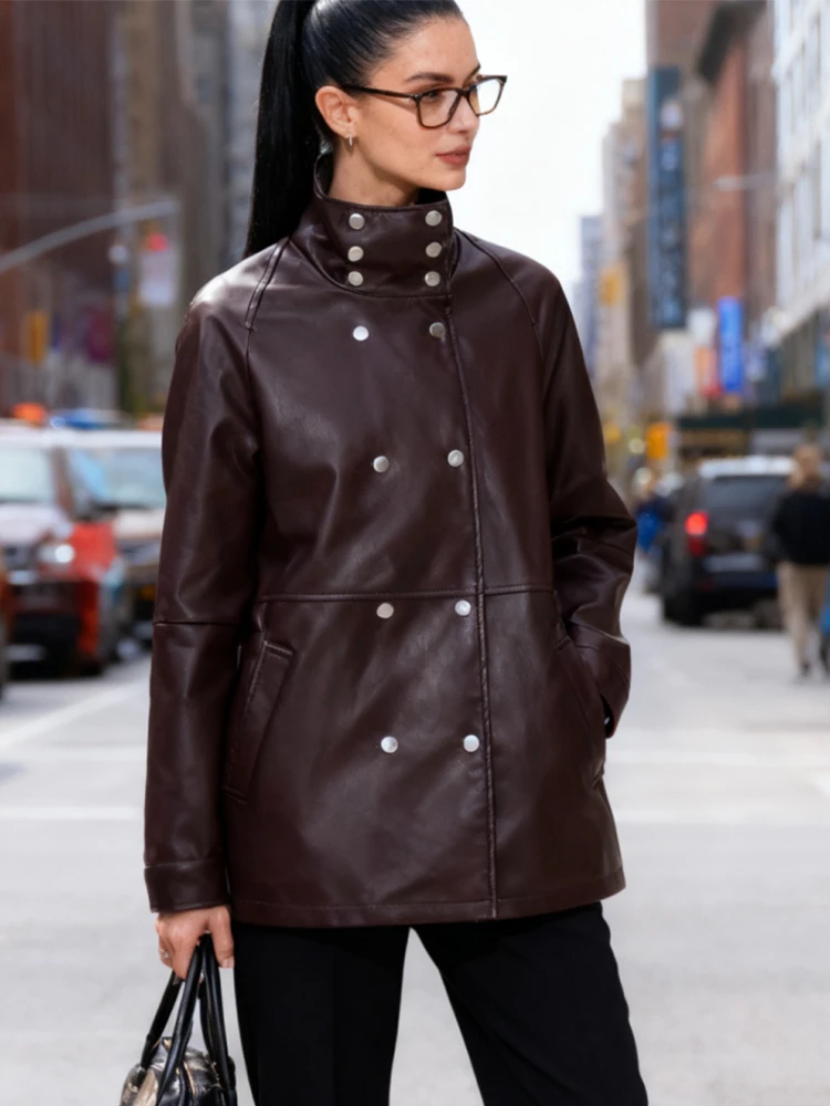 Giacca in pelle da donna 2025 Autunno Inverno New Fashion Tinta unita Manica lunga Cappotto doppiopetto Capispalla femminile chic per il tempo libero