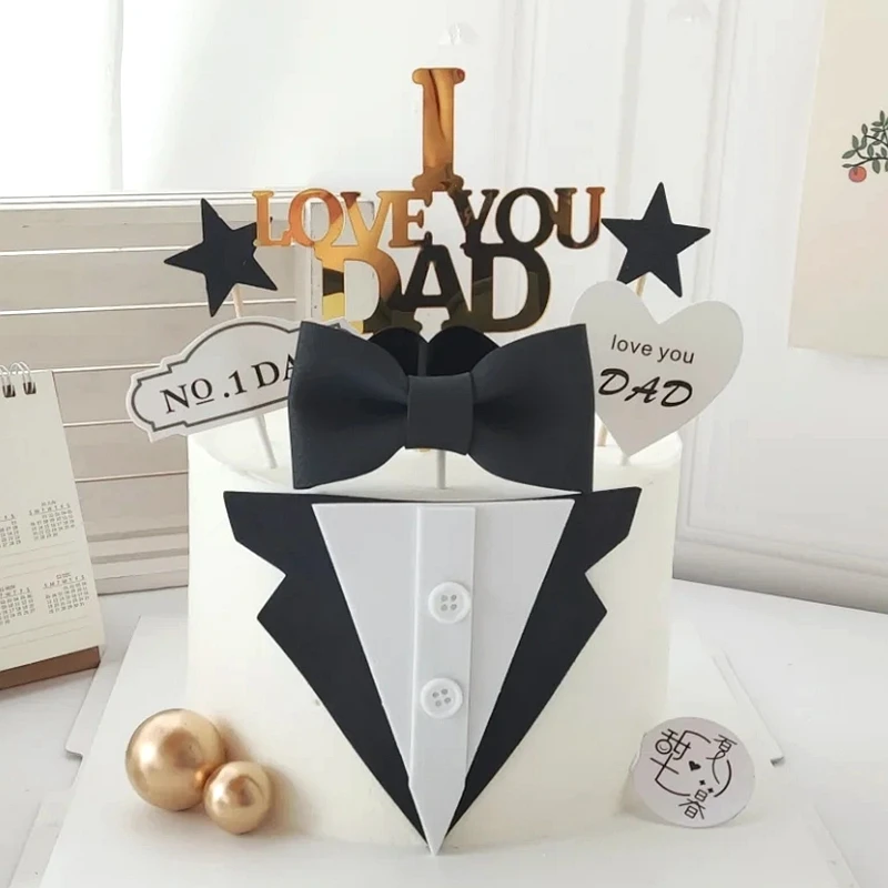 

Father's Day Birthday Party Acrylic I Love Dad Cake Insert Card Beard Bow Tie Star Paper Topper Gold Ball Dessert Baking Supplie