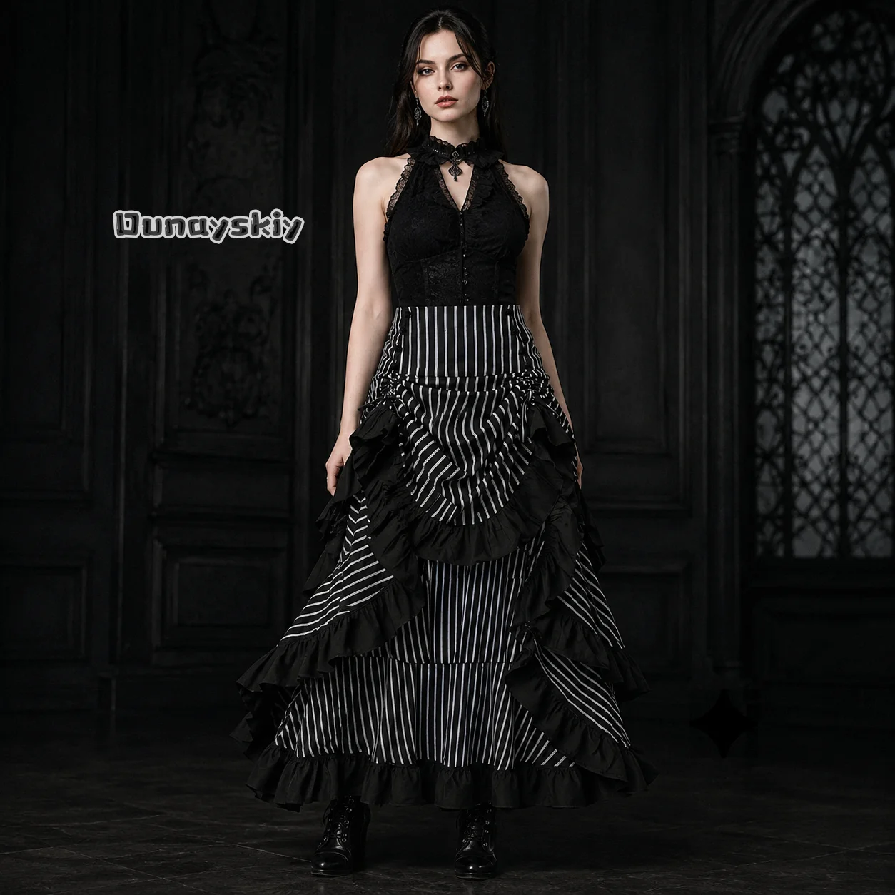 

‌‌Gothic High Low Irregular Black Midi Long Skirt Bow Back White Striped Ruffles Adjustbale Steampunk Vintage Victorian Skirts