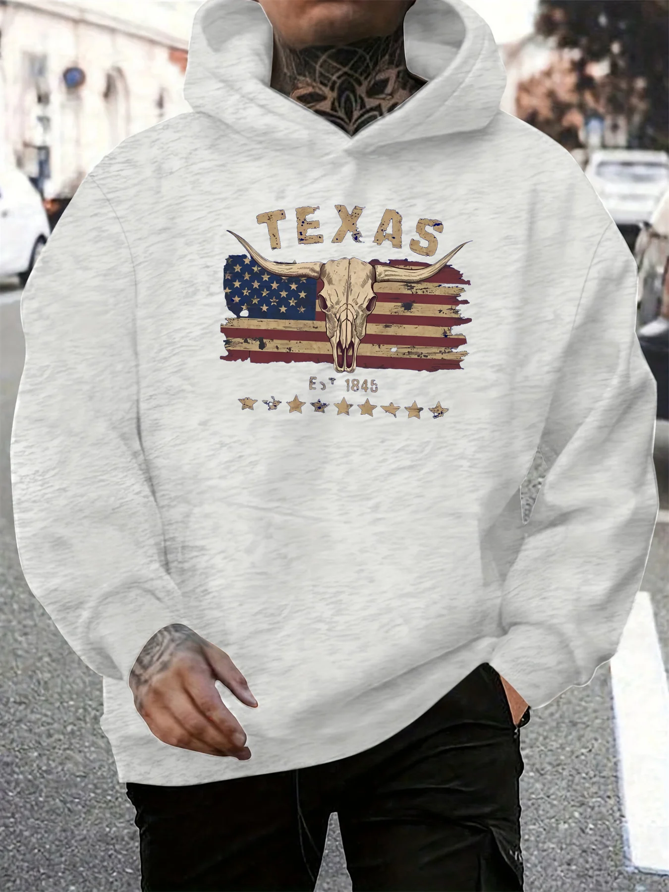 Outono e inverno masculino casual solto moletom com capuz com texas longhorned vaca crânio padrão manga comprida pulôver quente