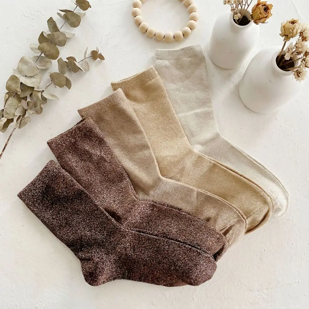 

5 Pairs Fashion Solid Color Gold and Silver Stockings Thickened Warm Women's Sparkly Stockings Cotton Soft Shiny Mid-calf Socks