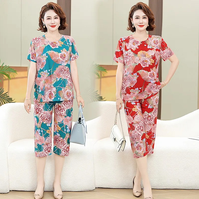 Middle-aged and Elderly Women Summer Short Sleeve Floral Print Loose  T-shirt Top Wide-leg Pant 2PCS Set Mother suit